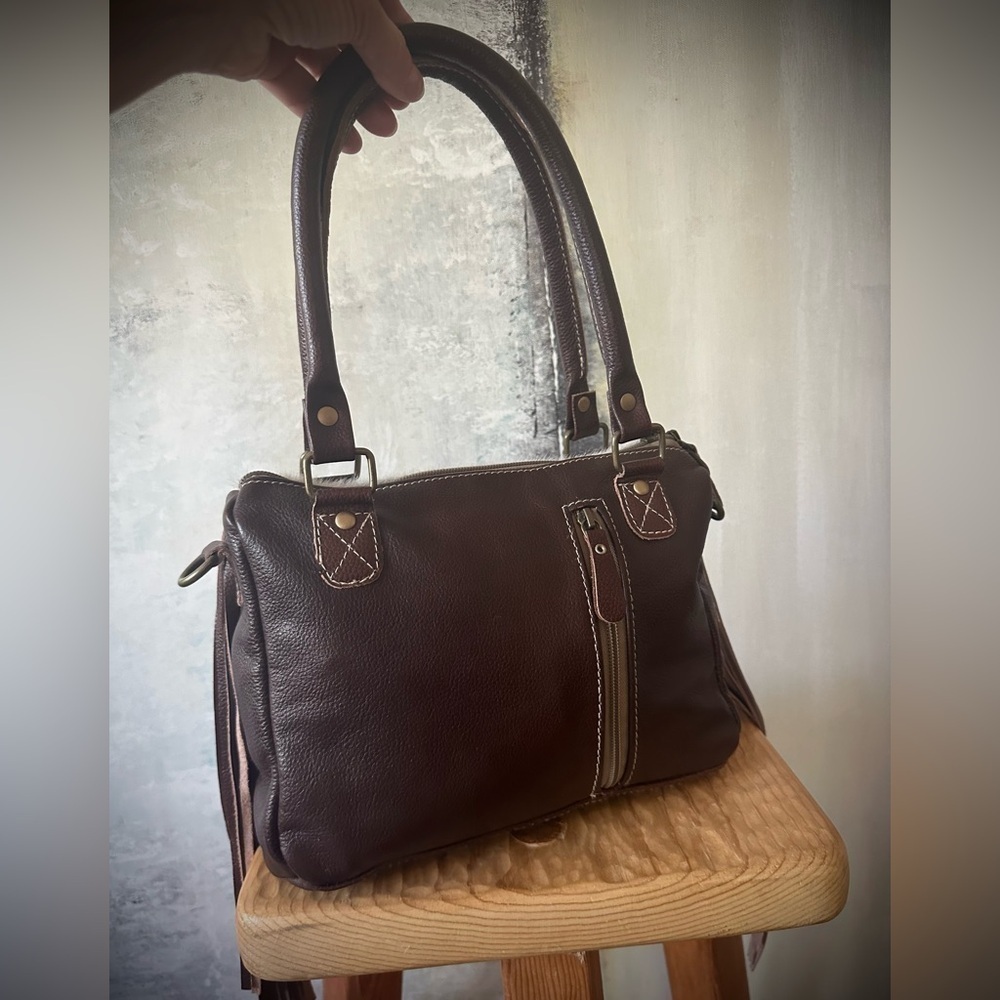 Brown and Cream Leather Fringe Handbag - Picture 5 of 9